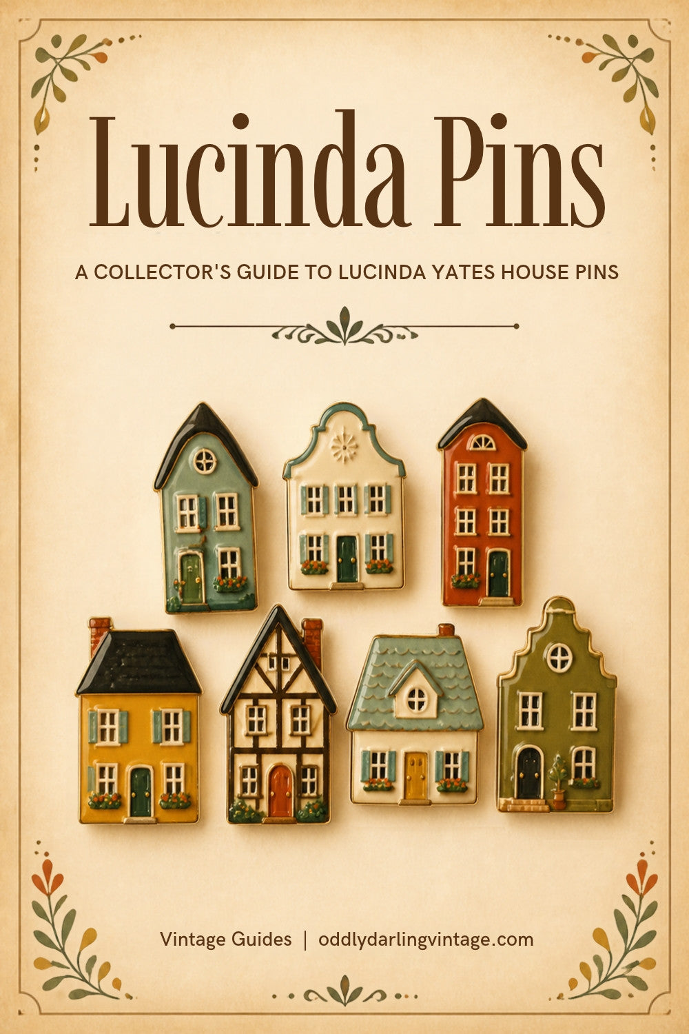 Lucinda Pins and House Pins collector's guide header, Oddly Darling Vintage