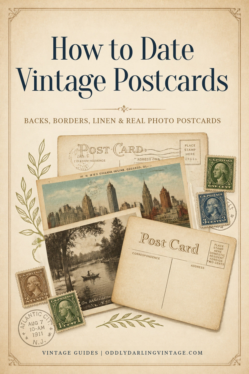 How to Date Vintage Postcards guide header, Oddly Darling Vintage