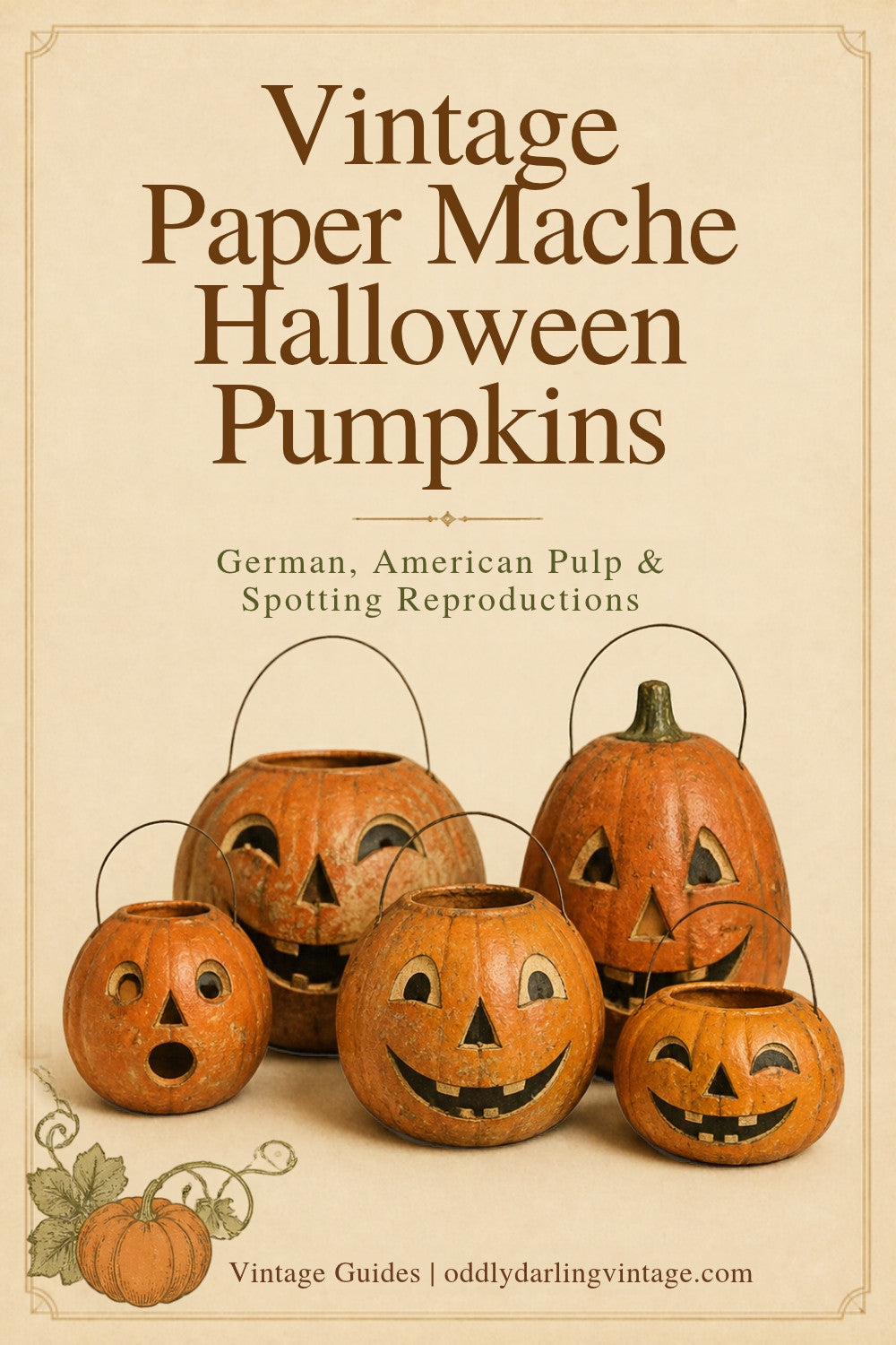 Vintage Paper Mache Halloween Pumpkins guide header, Oddly Darling Vintage
