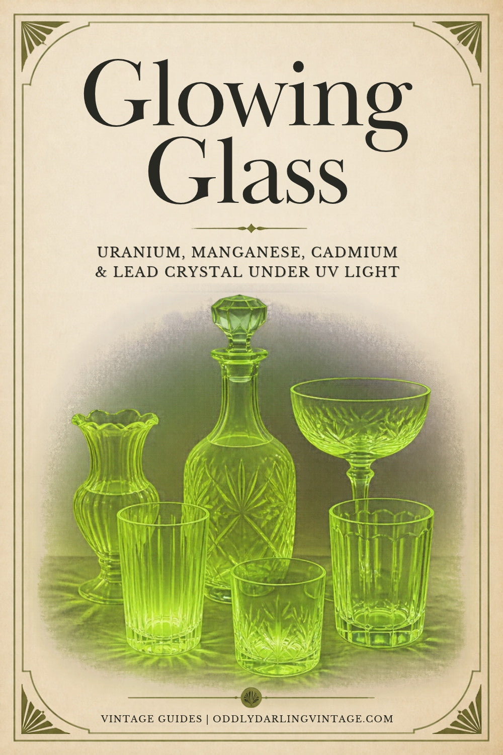 Uranium, manganese and cadmium glowing glass guide header, Oddly Darling Vintage
