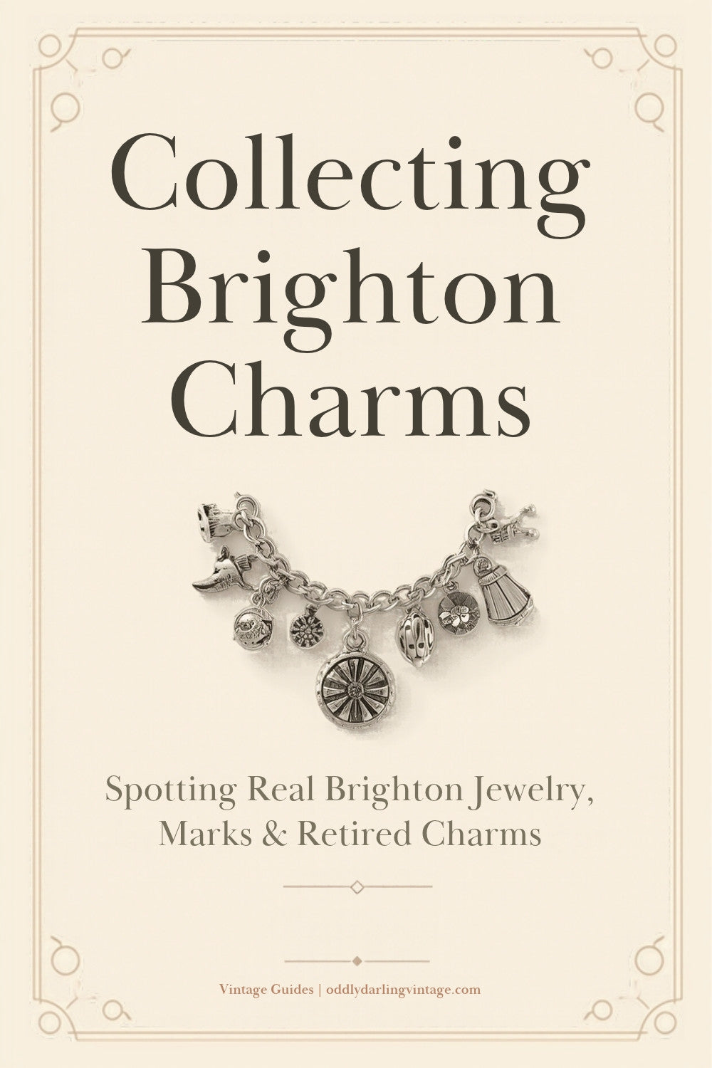 Collecting Brighton Charms guide header with silver charm bracelet, Oddly Darling Vintage