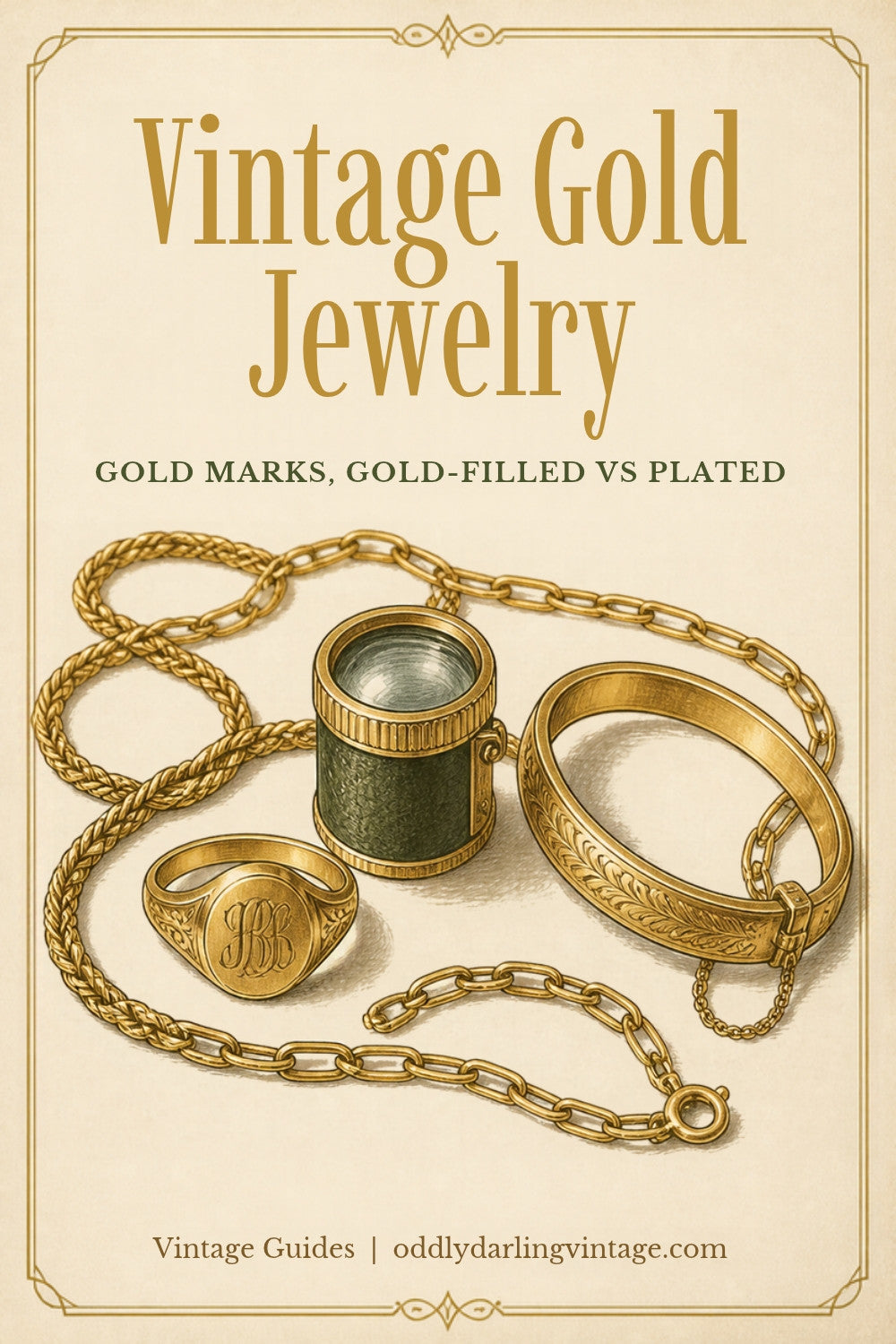 Vintage Gold Jewelry marks, gold filled and plated guide header, Oddly Darling Vintage