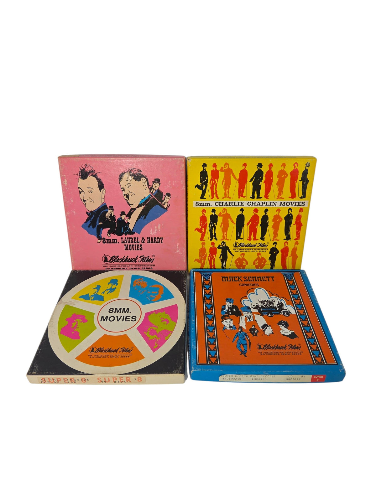 Vintage Blackhawk Films Super 8 home movie boxes with Charlie Chaplin, Laurel and Hardy and Mack Sennett comedies