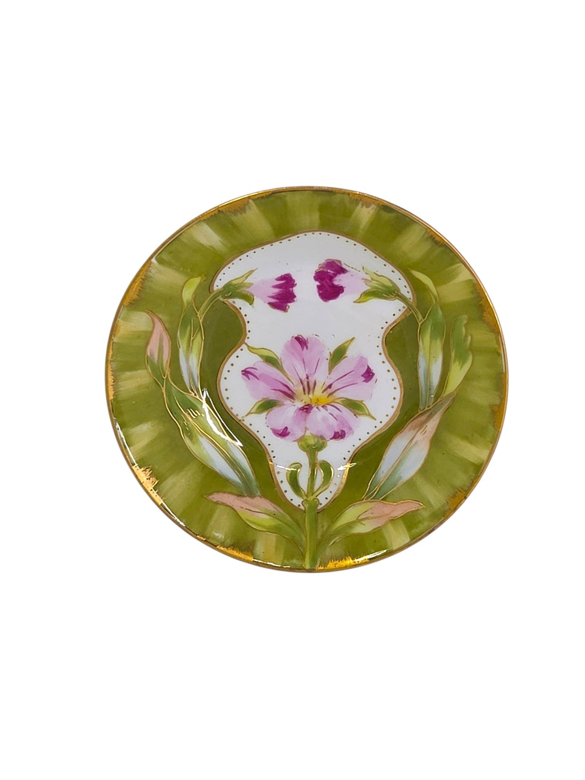 Antique Art Nouveau hand painted porcelain dish with pink flowers on olive green