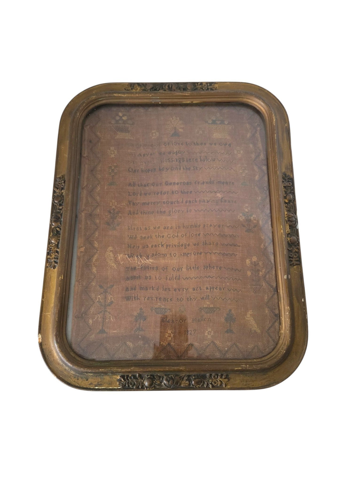 Antique 1827 needlework sampler in a gold-tone frame