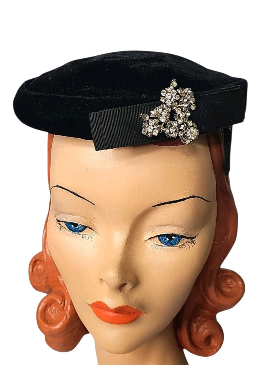Vintage 1940s-1950s black velvet perch hat with grosgrain bow and rhinestone floral brooch, from Oddly Darling Vintage