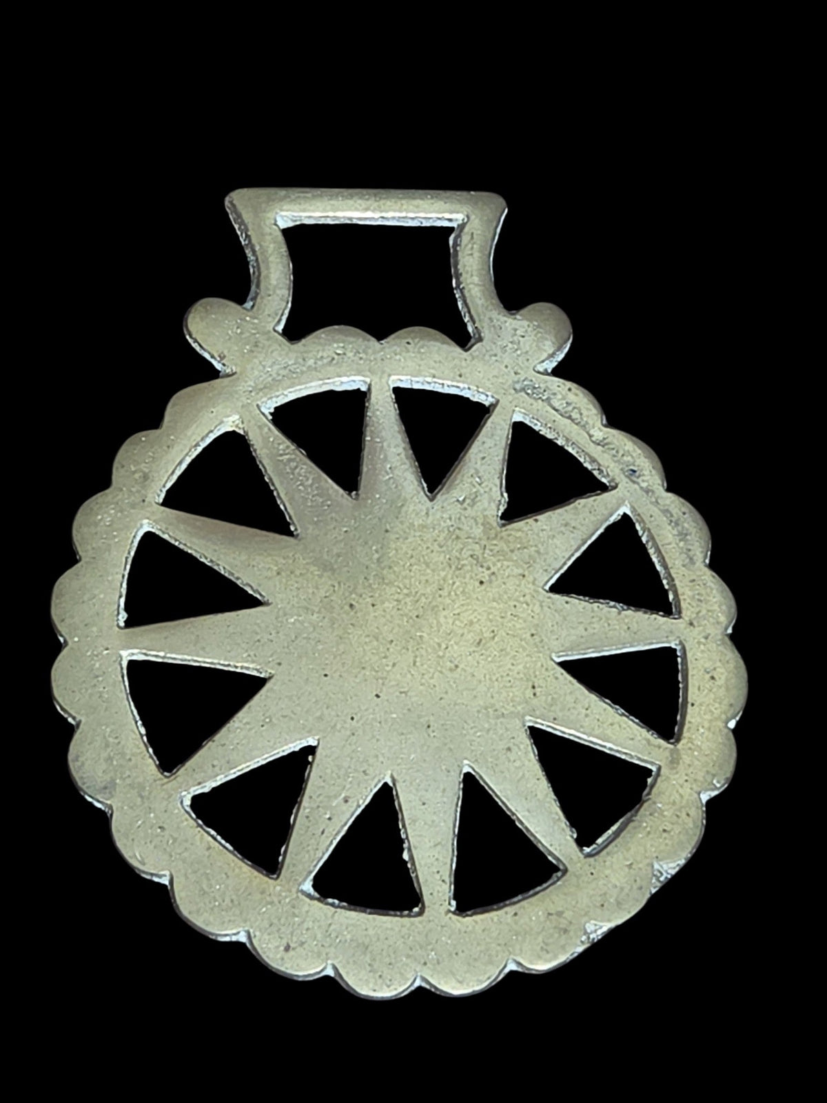 Vintage solid brass horse harness medallion with a sunburst cut-out design and scalloped edge, from Oddly Darling Vintage