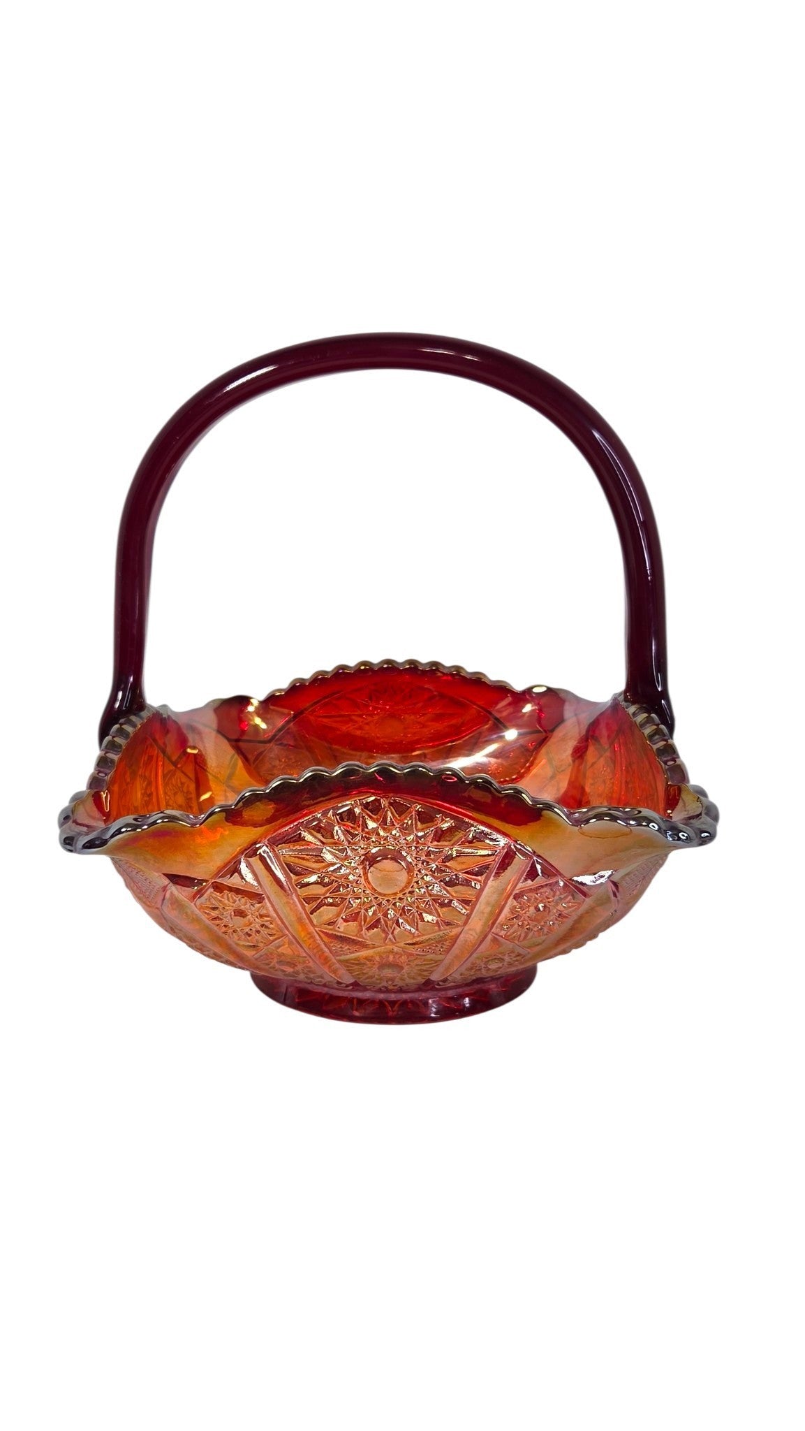 Vintage Indiana Glass red carnival glass basket in iridescent Sunset amberina with ruby handle