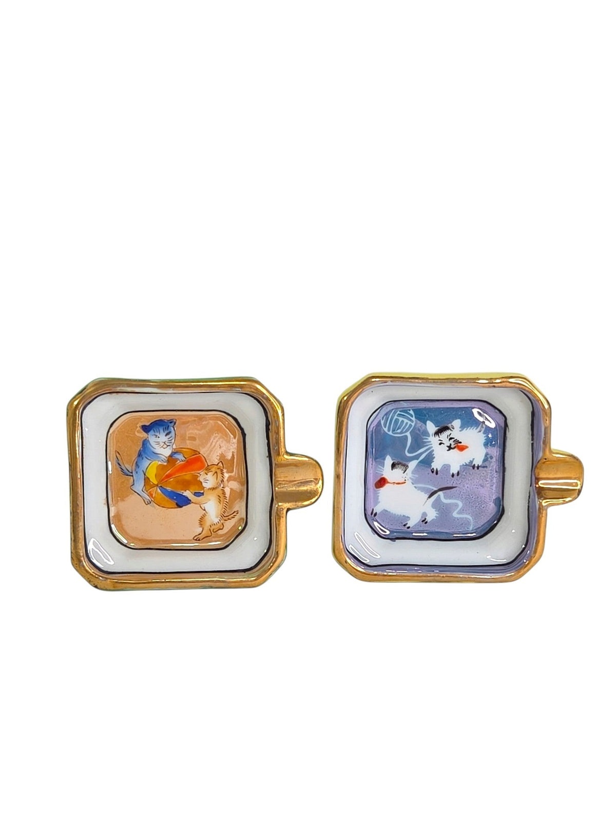 Pair of vintage hand-painted Japan lusterware cat ashtrays with gold trim