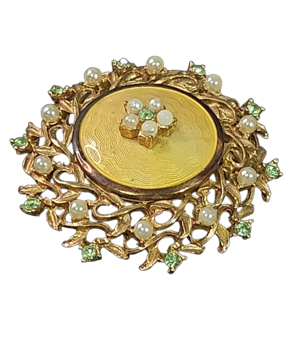 Vintage signed Cathe yellow guilloche enamel brooch