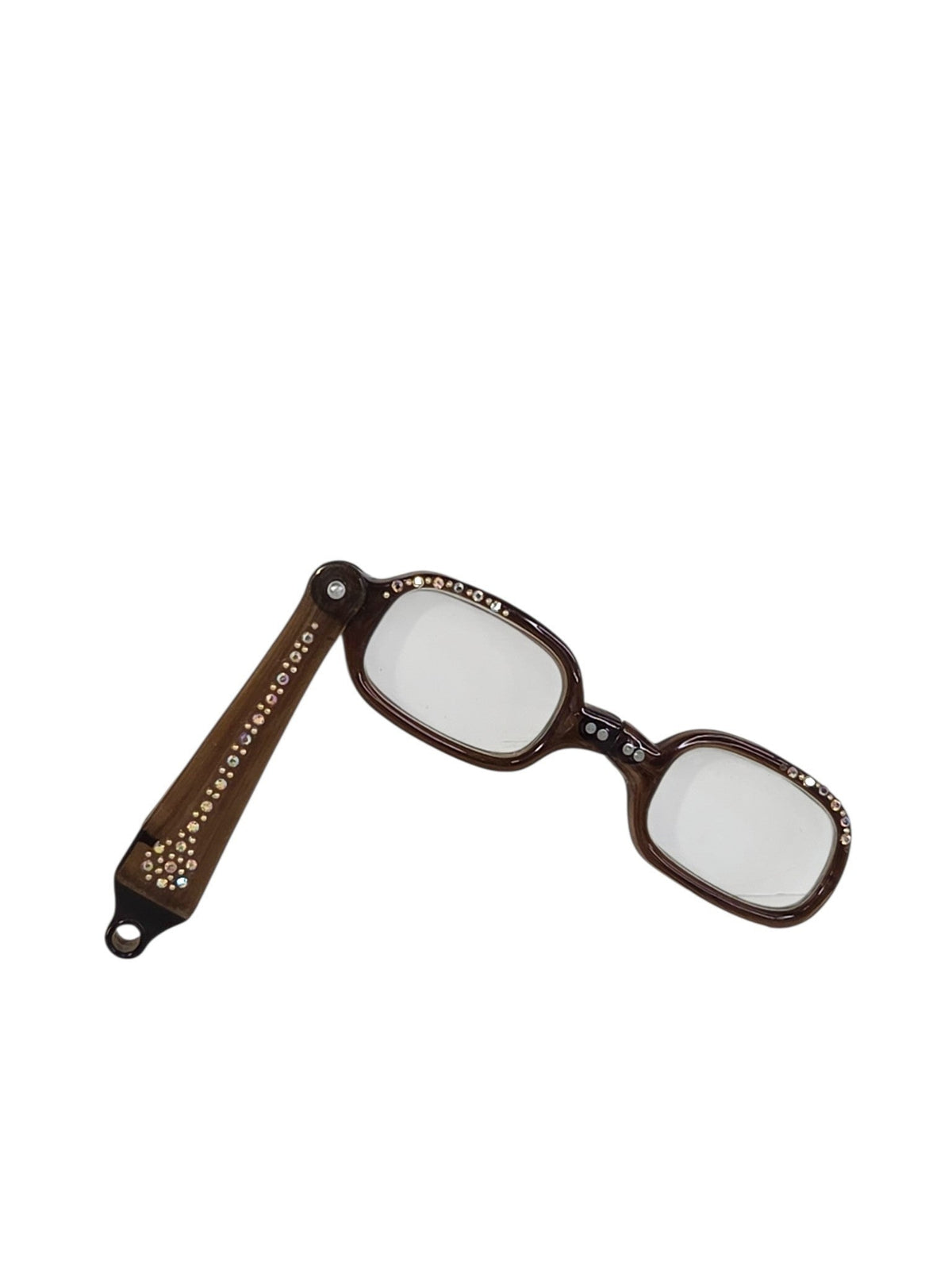 Vintage brown marbled Lucite folding lorgnette glasses with aurora borealis rhinestones