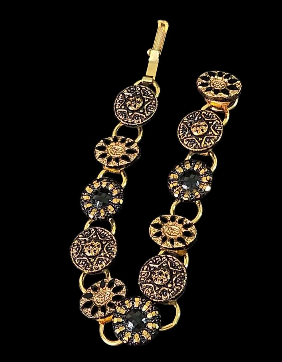 Vintage gold-tone link bracelet with black glass stones
