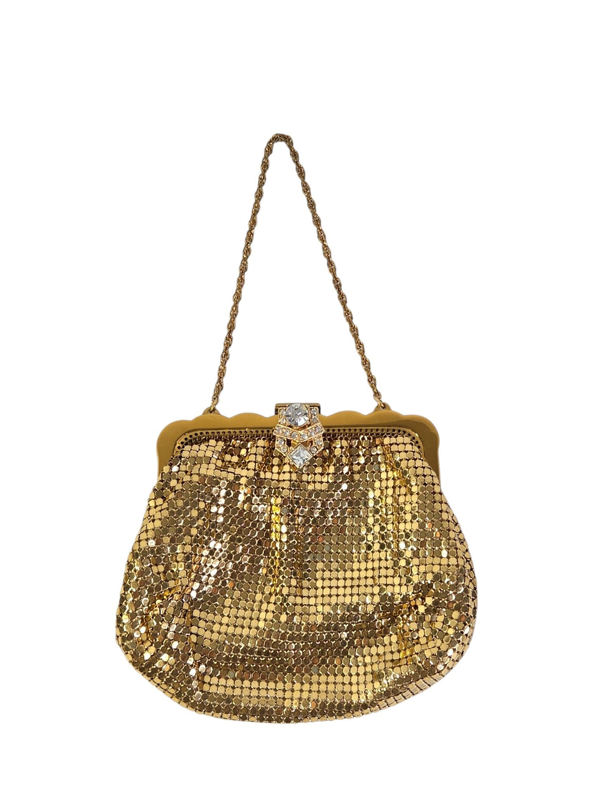 Vintage Whiting & Davis gold metal mesh evening bag with an Art Deco style rhinestone clasp and rope chain handle