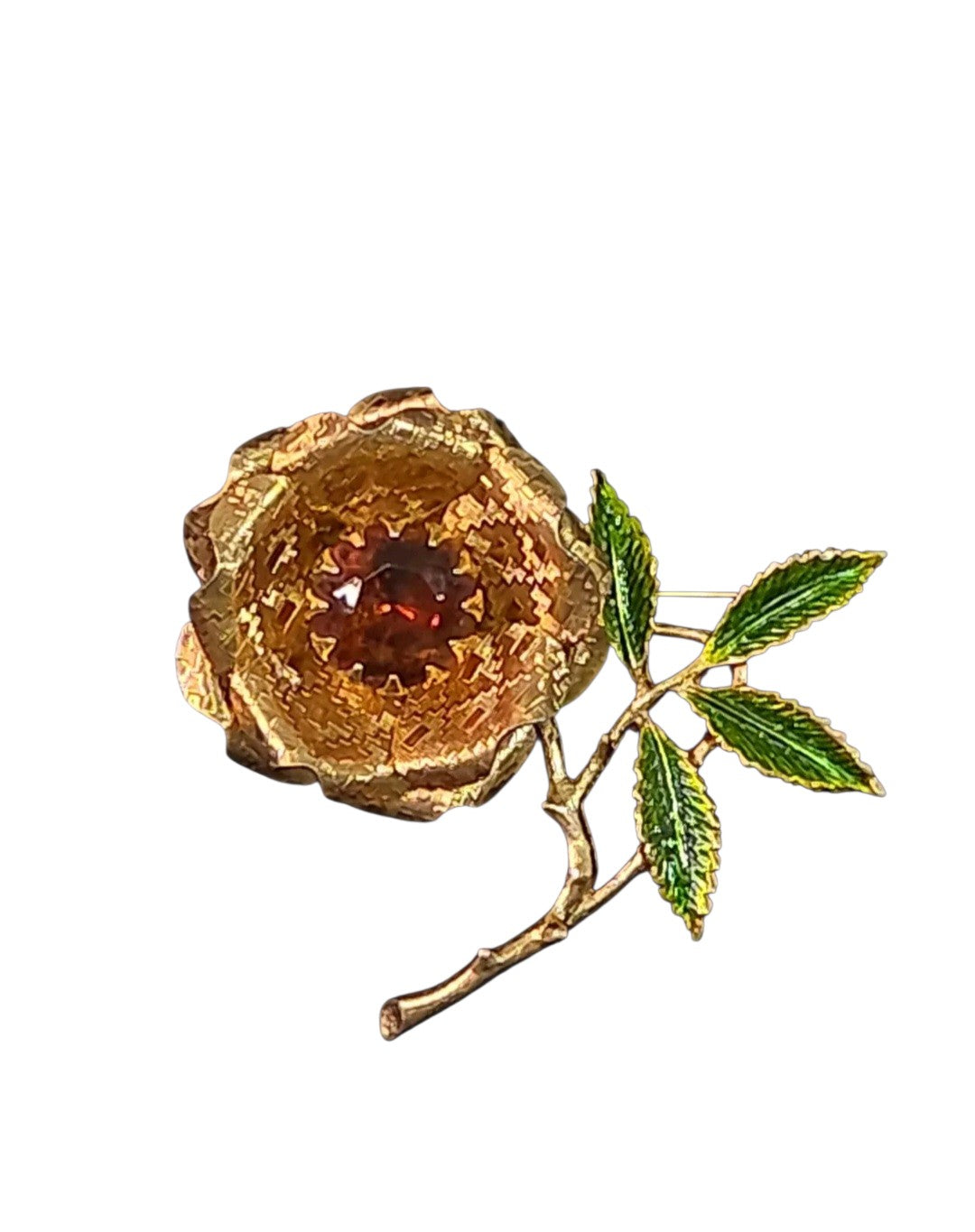 Vintage Sarah Coventry gold-tone rose brooch with an amber center stone