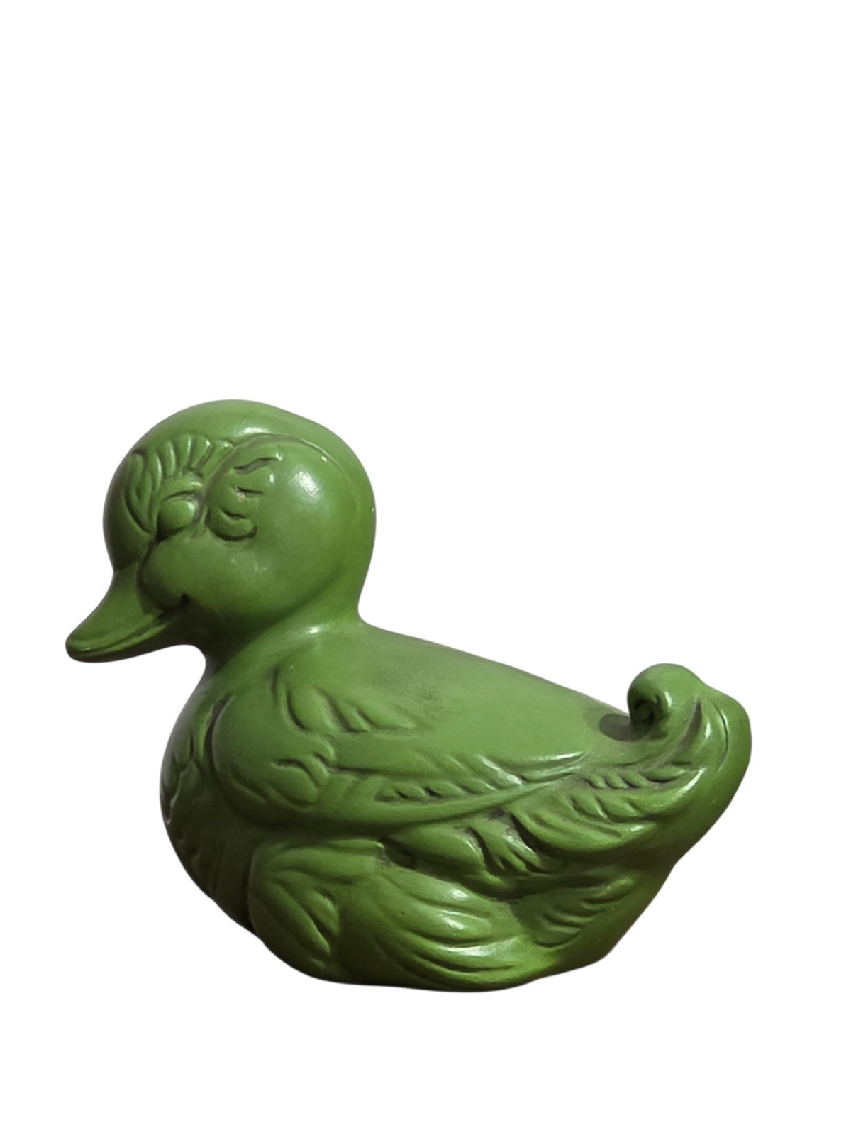 Vintage green ceramic duck figurine with embossed feathers