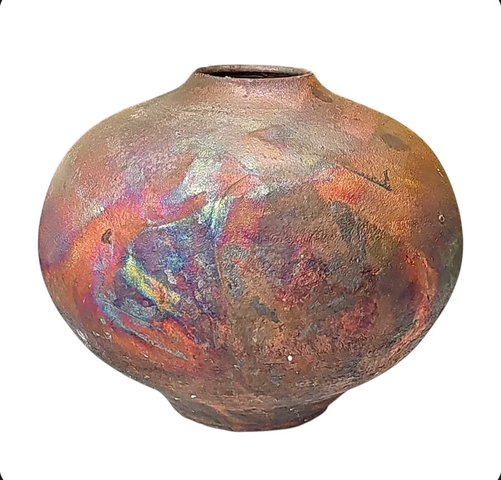 Large studio raku pottery vase with an iridescent copper luster finish in copper, violet and blue, from Oddly Darling Vintage