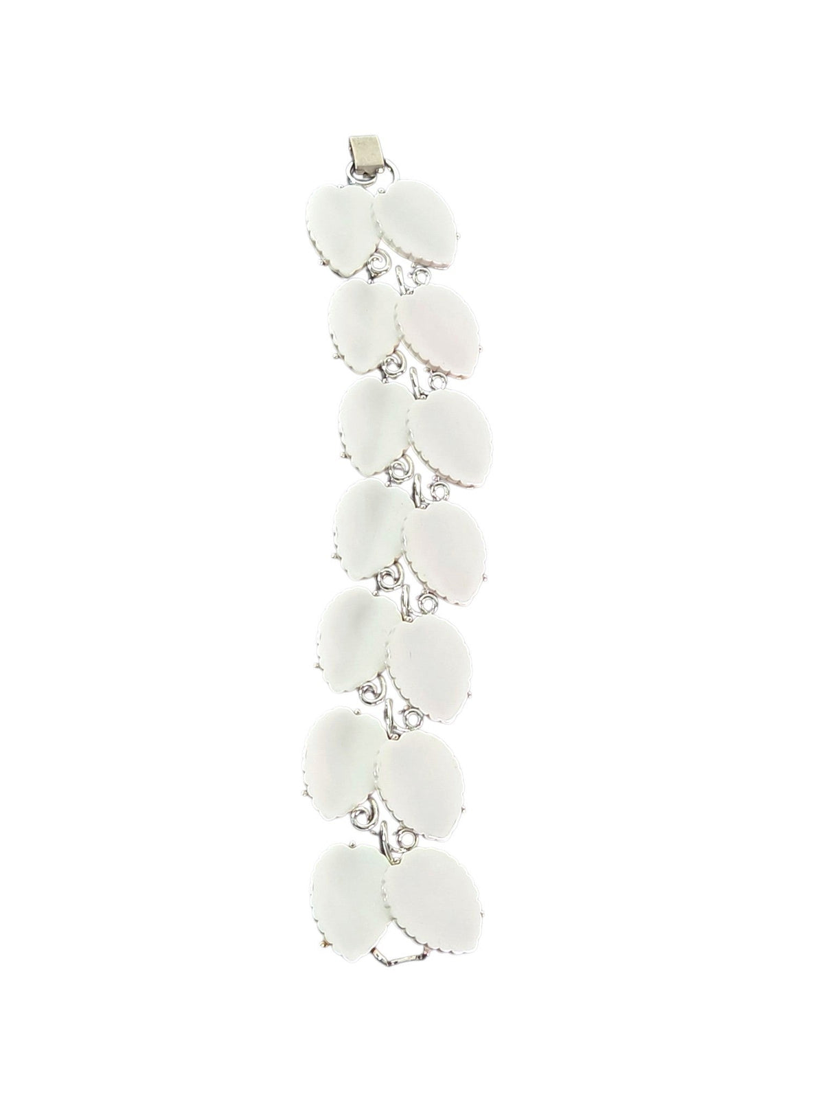 Vintage Lisner white thermoset leaf bracelet in silver-tone metal, from Oddly Darling Vintage