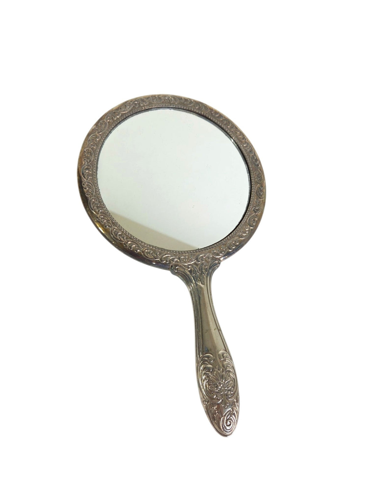 Vintage silver plate repousse hand mirror with roses