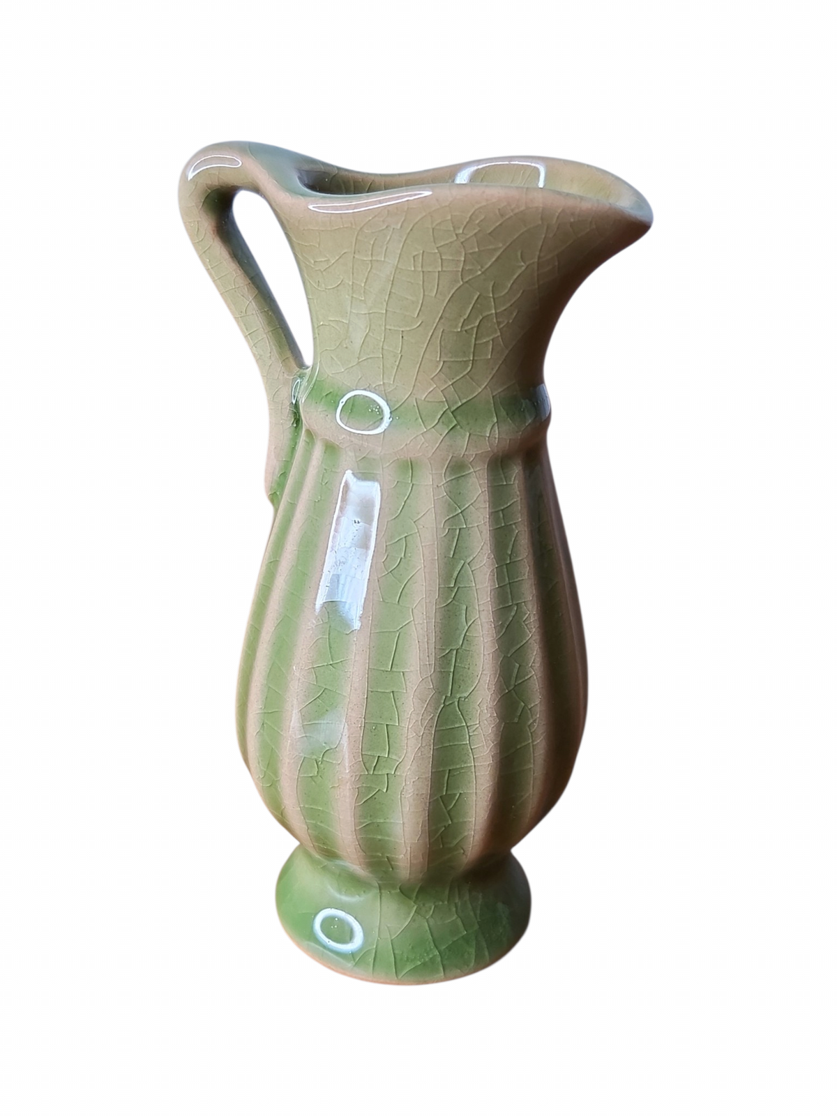 Miniature celadon green ceramic pitcher with a ribbed body and crackle glaze, from Oddly Darling Vintage