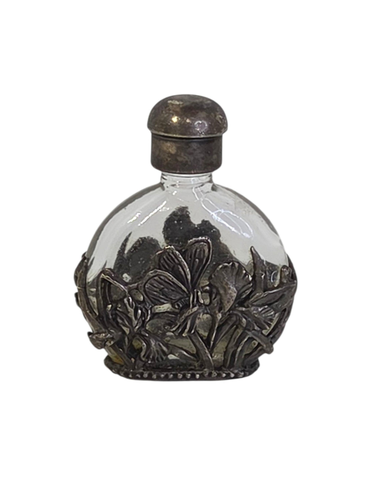 Vintage clear glass mini perfume bottle with pewter iris and butterfly overlay