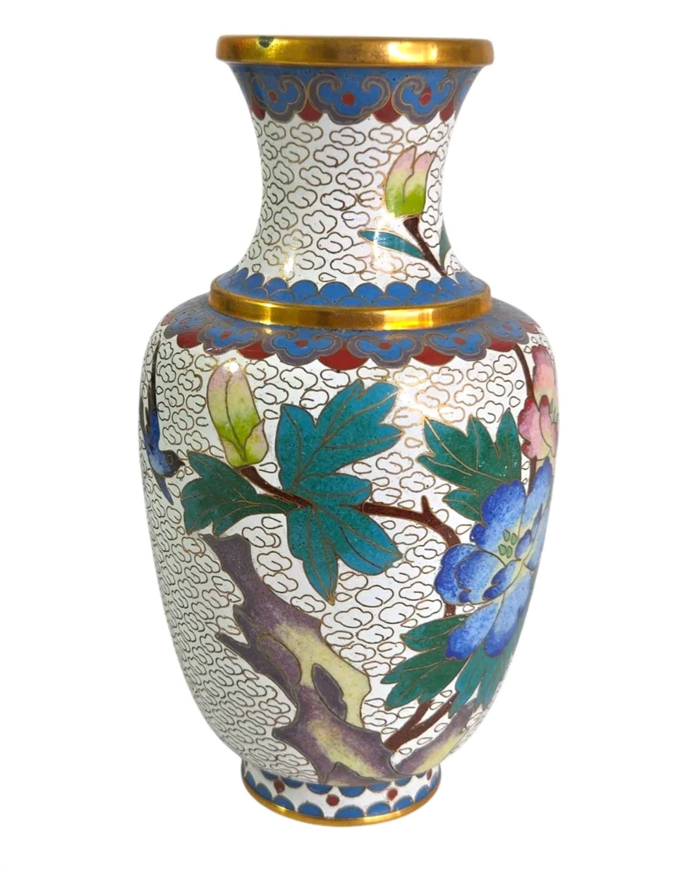 Mid-century cloisonné bud vase with bird and floral enamel and a gold-tone rim, from Oddly Darling Vintage