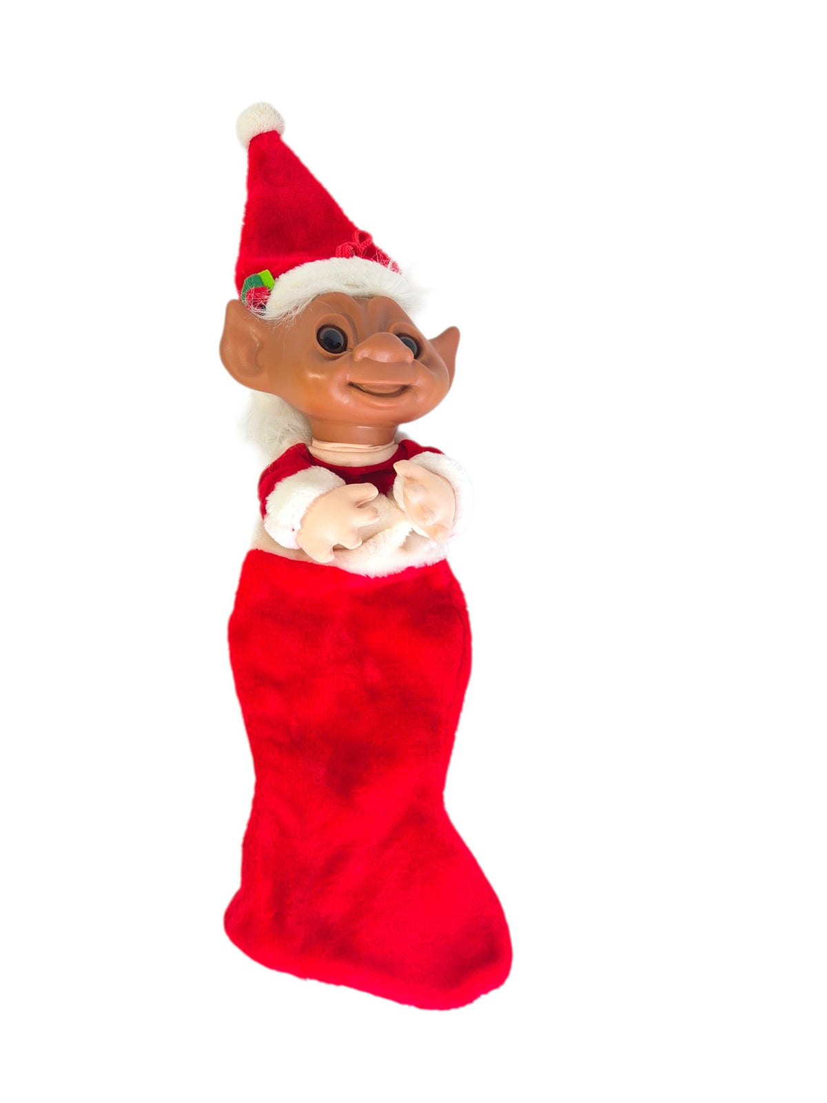 Vintage Smithy troll Santa Christmas stocking with a vinyl troll face, white plush hair and a Santa hat