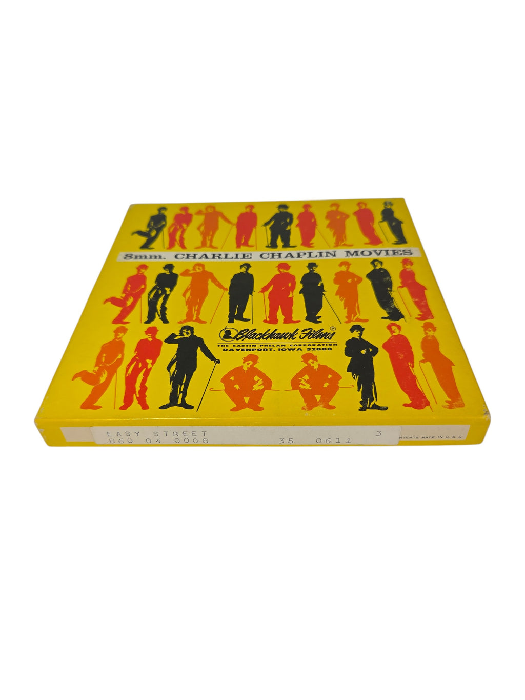 Yellow Blackhawk Films 8mm Charlie Chaplin Movies box with Tramp silhouettes, labeled Easy Street