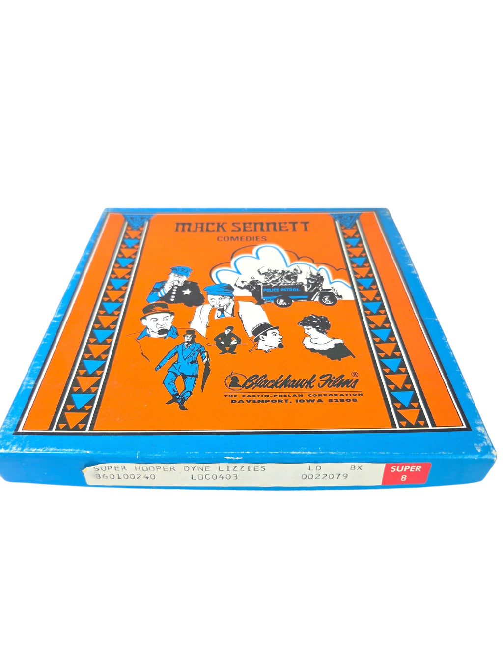 Orange and blue Blackhawk Films Mack Sennett Comedies box labeled Super Hooper Dyne Lizzies, Super 8