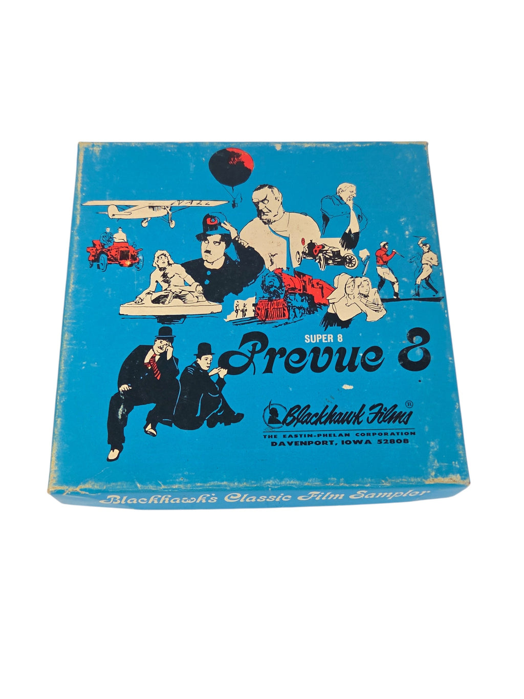 Blue Blackhawk Films Super 8 Prevue 8 Classic Film Sampler box with Laurel & Hardy, Chaplin, cars, plane and train art