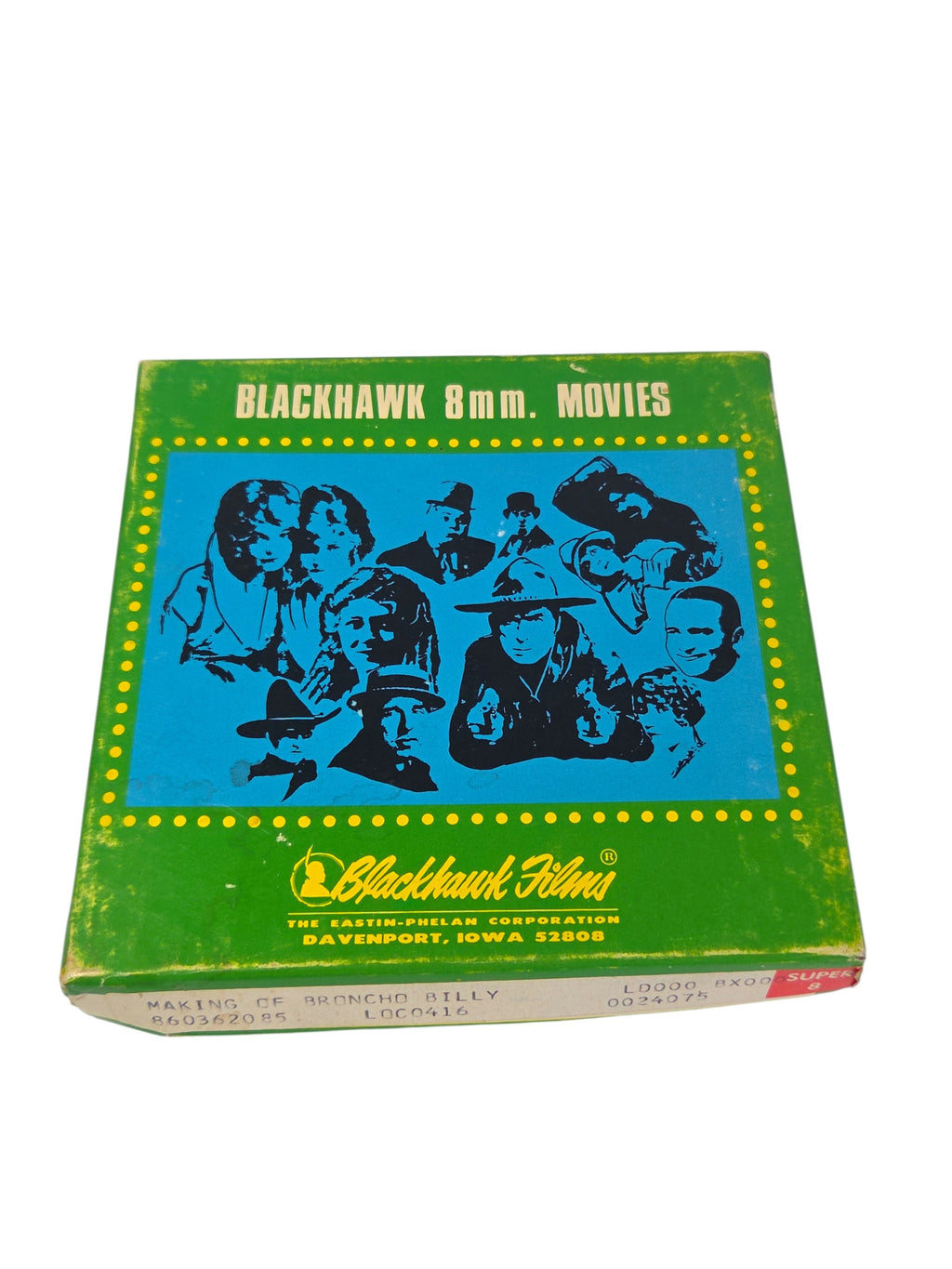 Green Blackhawk 8mm Movies box labeled Making of Broncho Billy, Super 8, with worn edges and scuffs