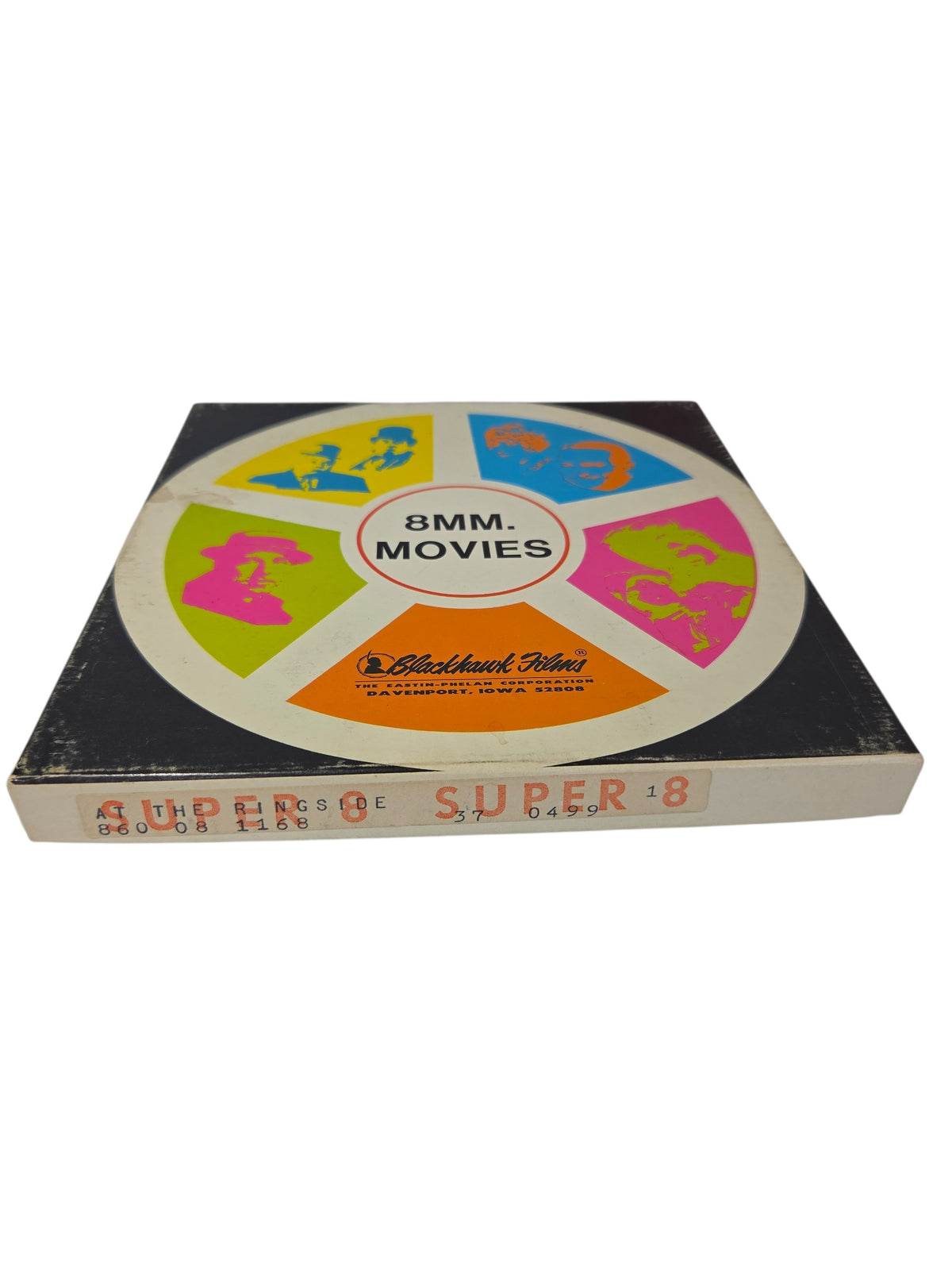 Blackhawk Films 8mm Movies box with colorful reel design, labeled Super 8 At the Ringside, with edge wear