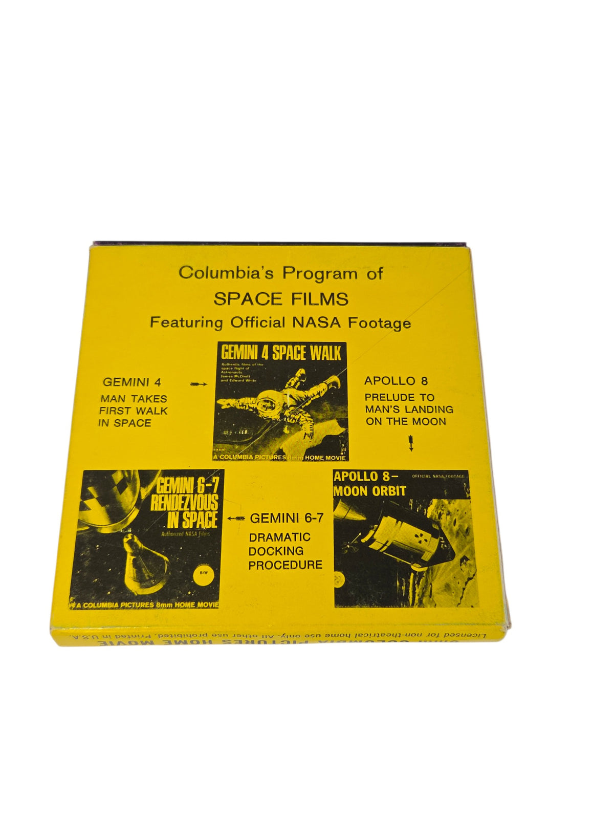 Back of the Apollo 11 box showing Columbia's Program of Space Films: Gemini 4, Gemini 6-7 and Apollo 8