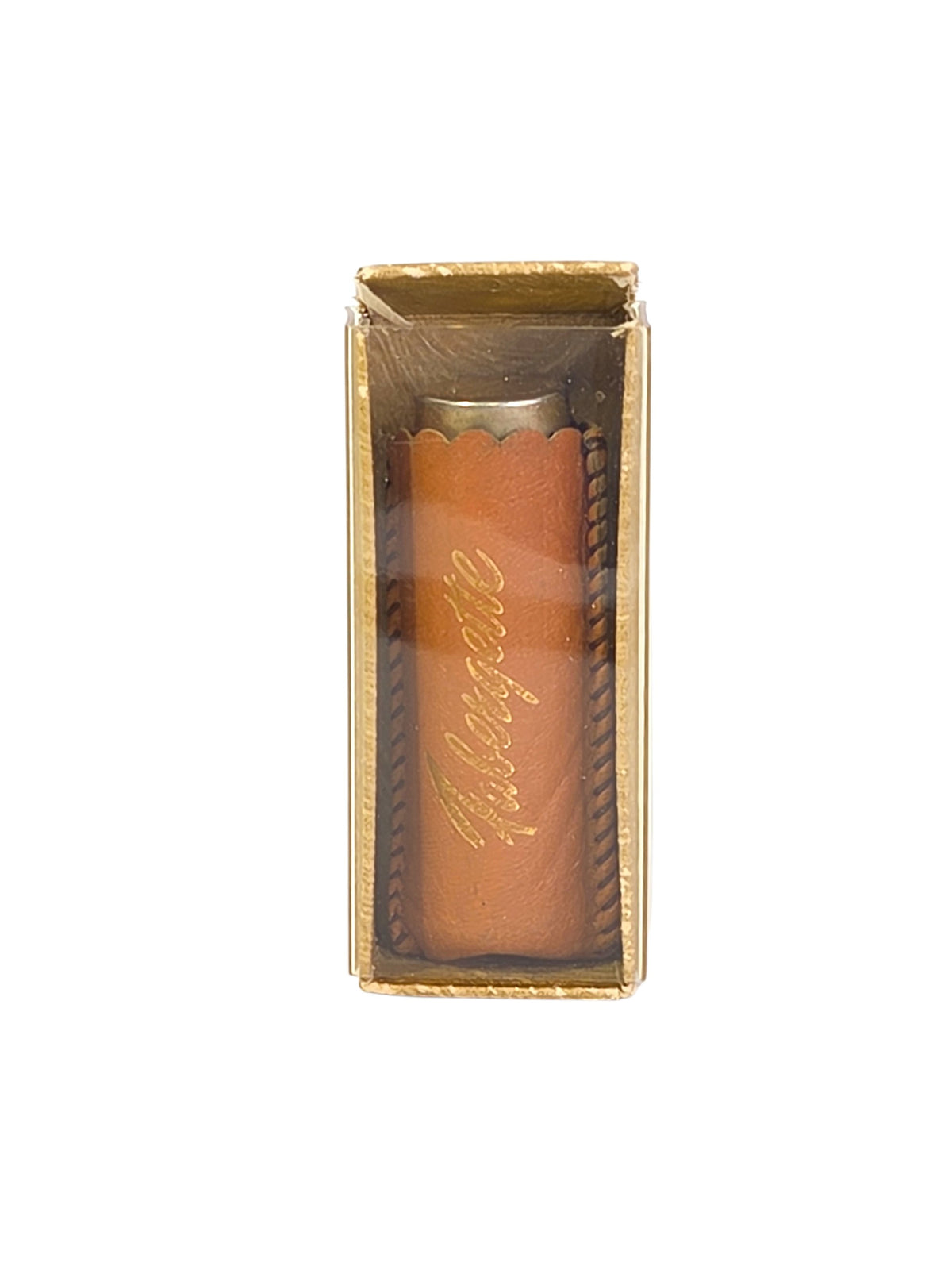 Close-up of the Faberge Woodhue perfume bottle with gold script label, worn gold-tone cap and amber perfume inside