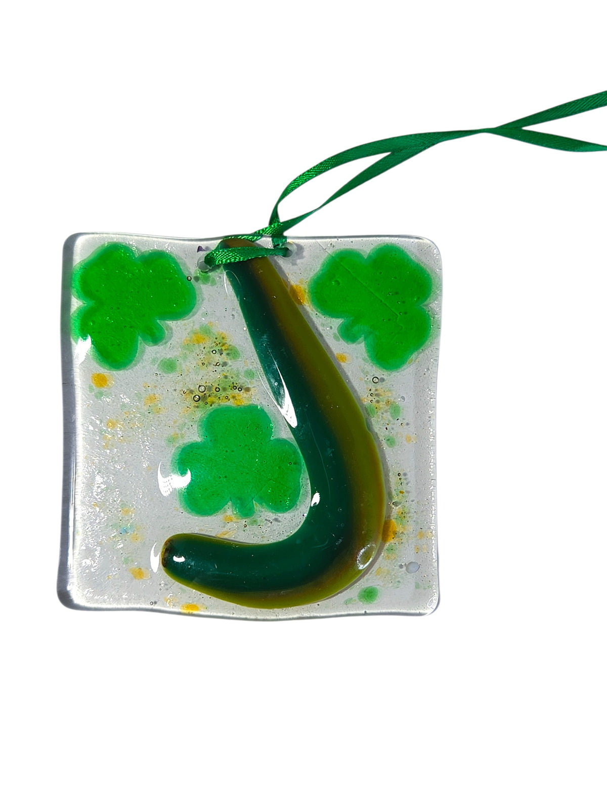 Opal white fused glass suncatcher with a mint green shamrock striped in orange, white and green