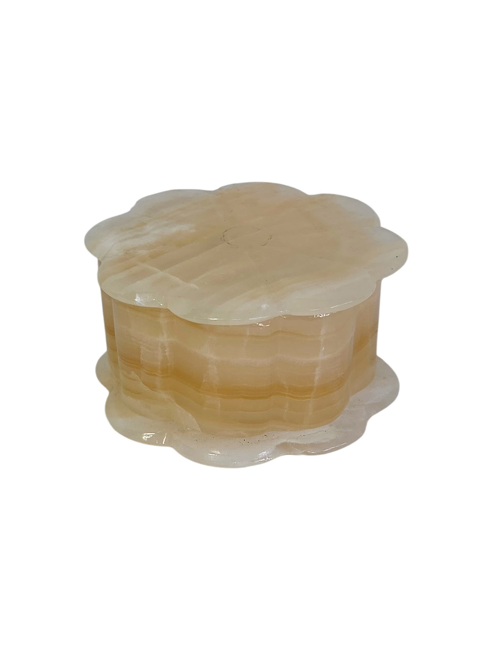Vintage honey onyx scalloped flower trinket box on white, banded caramel and cream stone with flat flower-shaped lid