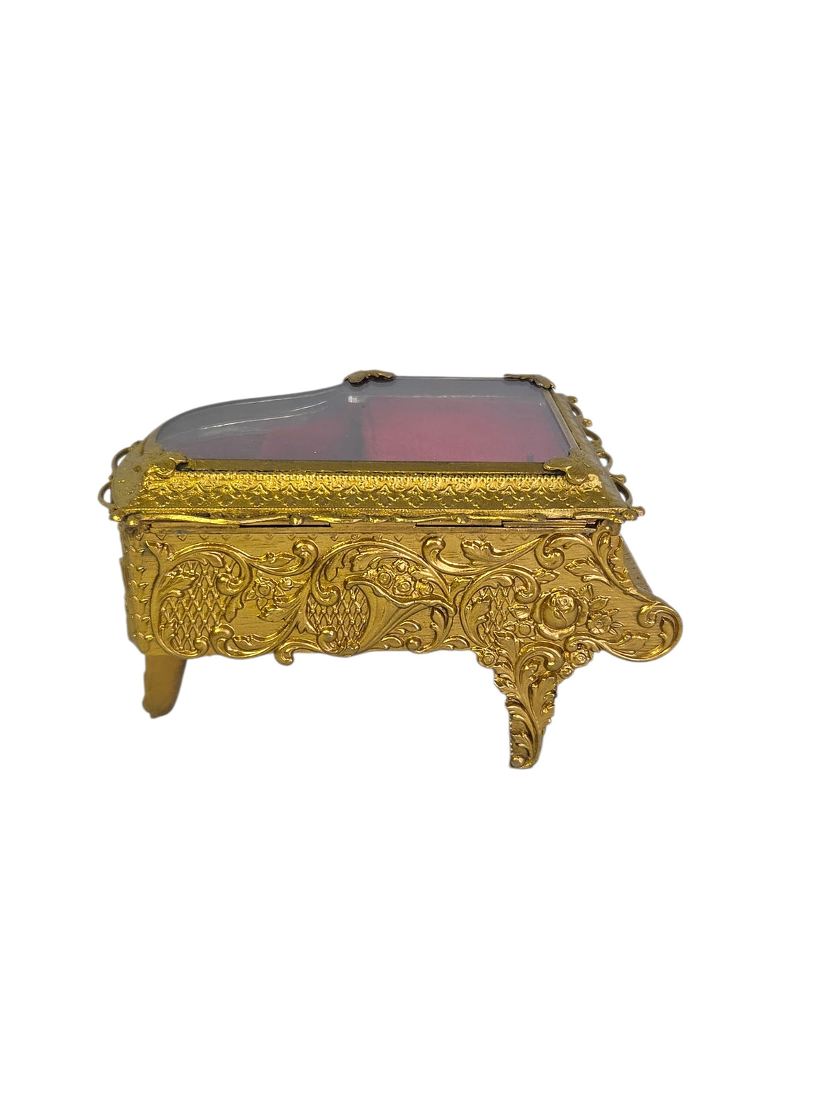 Closed grand piano jewelry box with beveled glass lid, butterfly corners and raised scrolls and roses