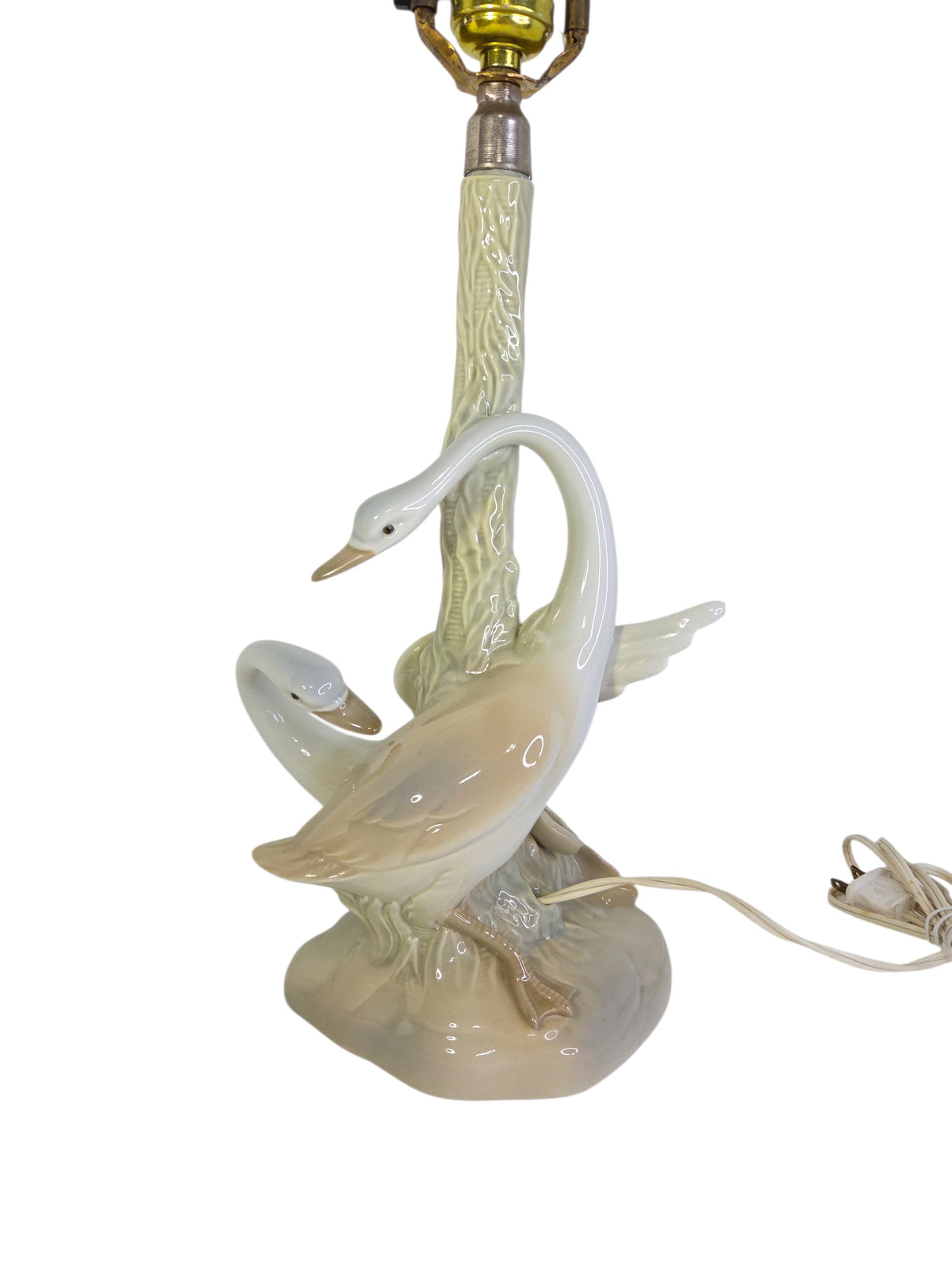 Porceval swan table lamp shown full height with bulb, harp and white cord