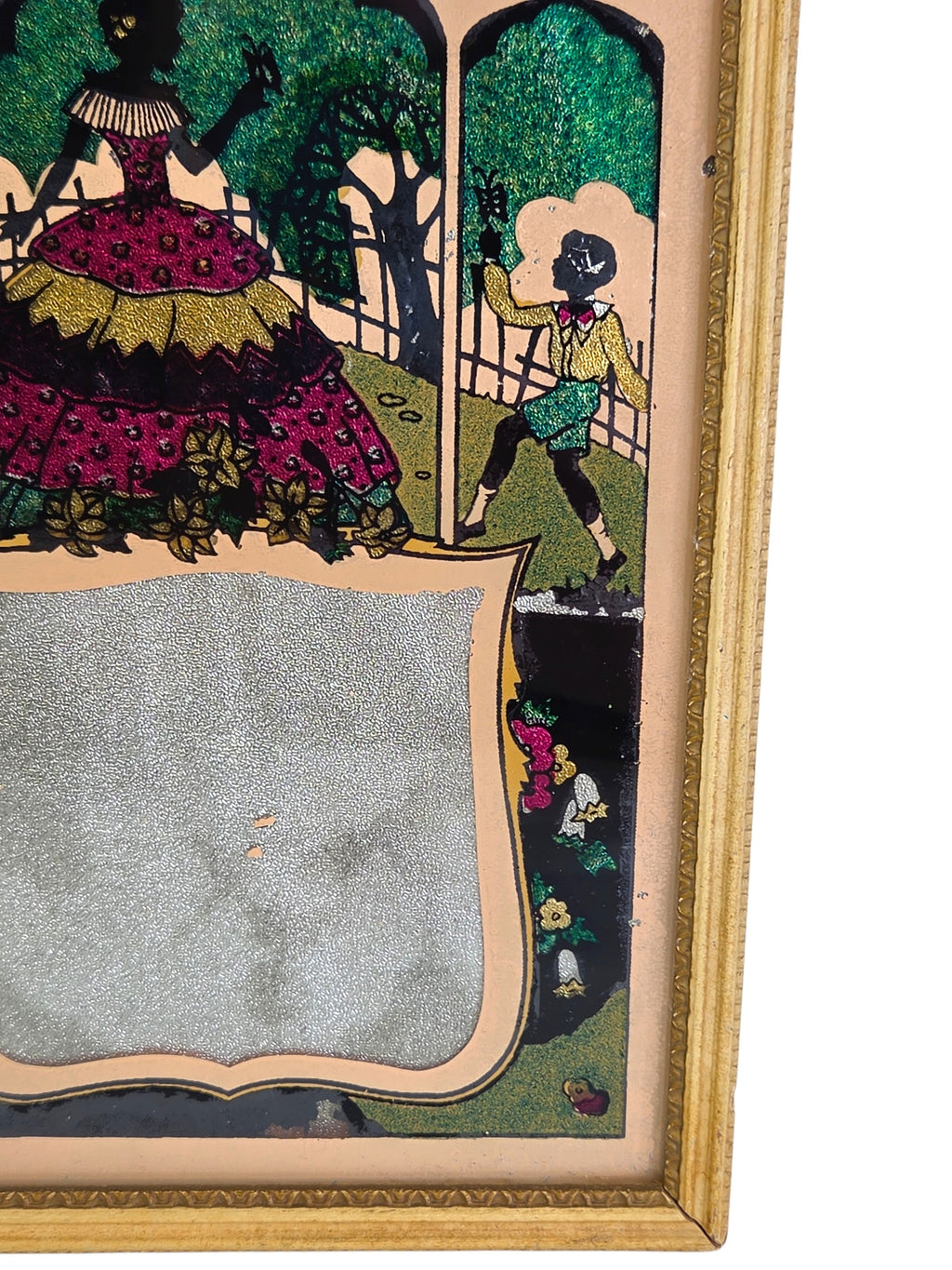 Lower right of the tinsel art picture with the boy and his butterfly net, foil flowers and the wrinkled silver foil shield