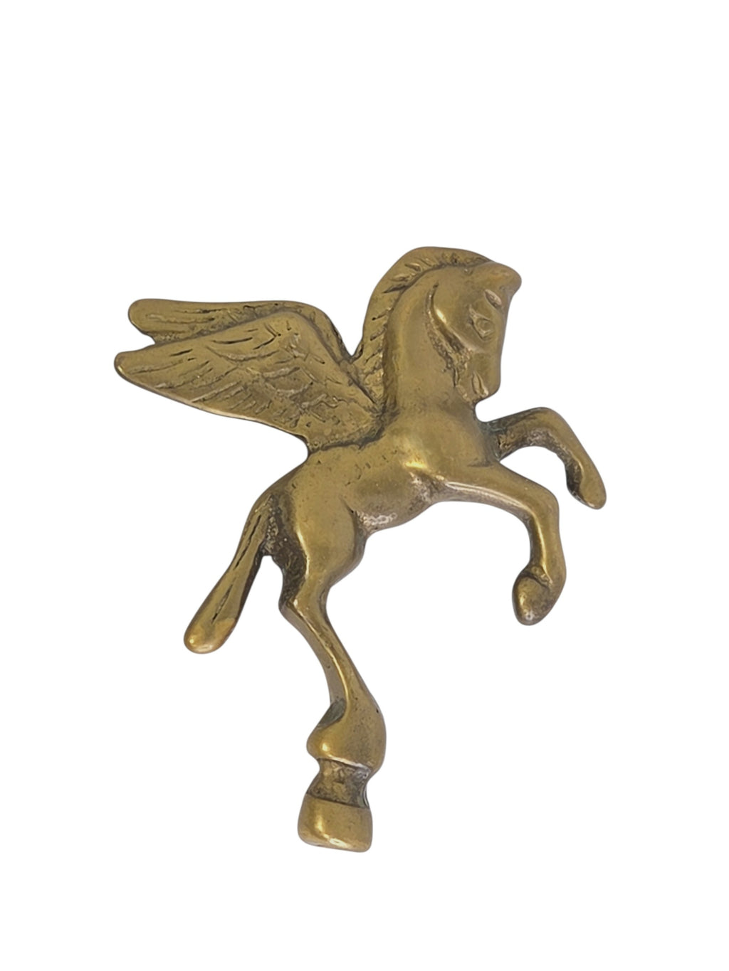 Other side of the brass Pegasus finial, facing right, showing the wing feathers and curled front hooves