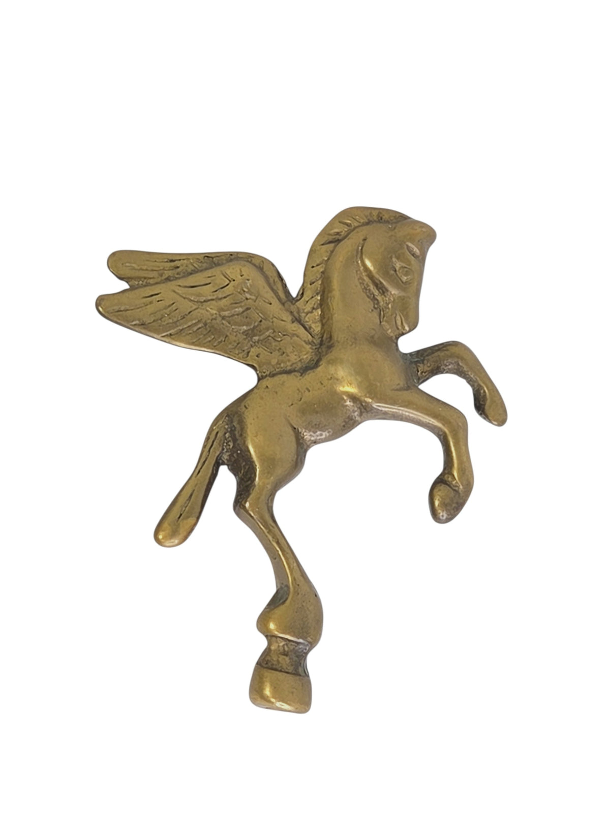 Other side of the brass Pegasus finial, facing right, showing the wing feathers and curled front hooves