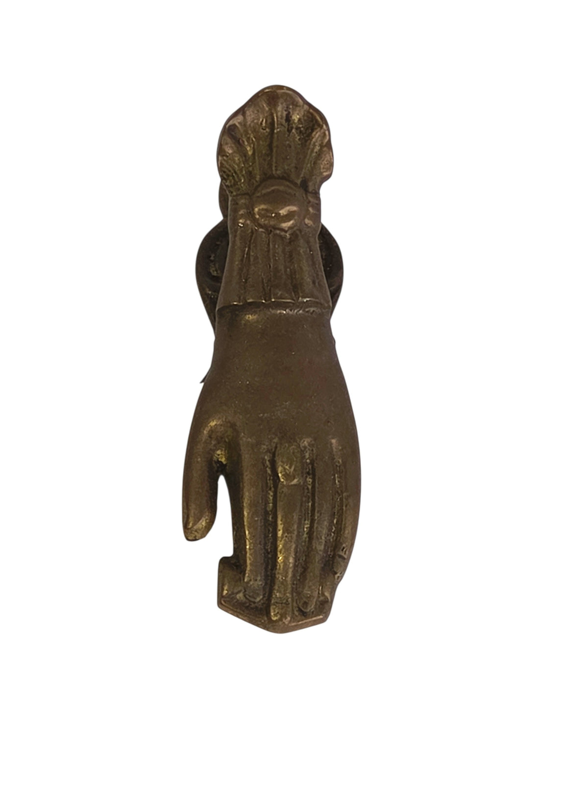 Back of the brass hand clip, a plain flat plate with dark uncleaned patina