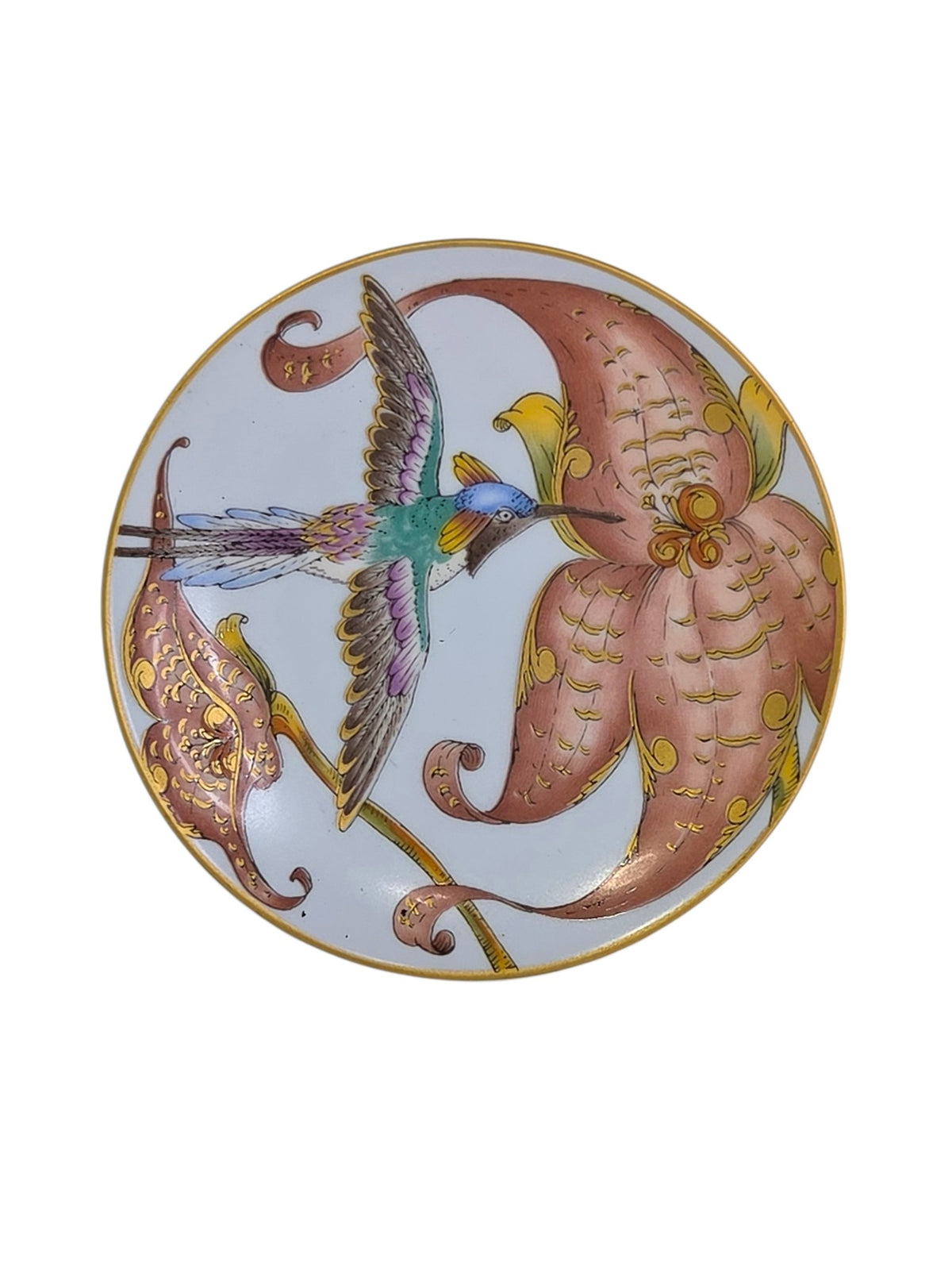 Front of the Hutschenreuther hummingbird plate showing the blue-crowned bird, coral lily scrolls and gold rim