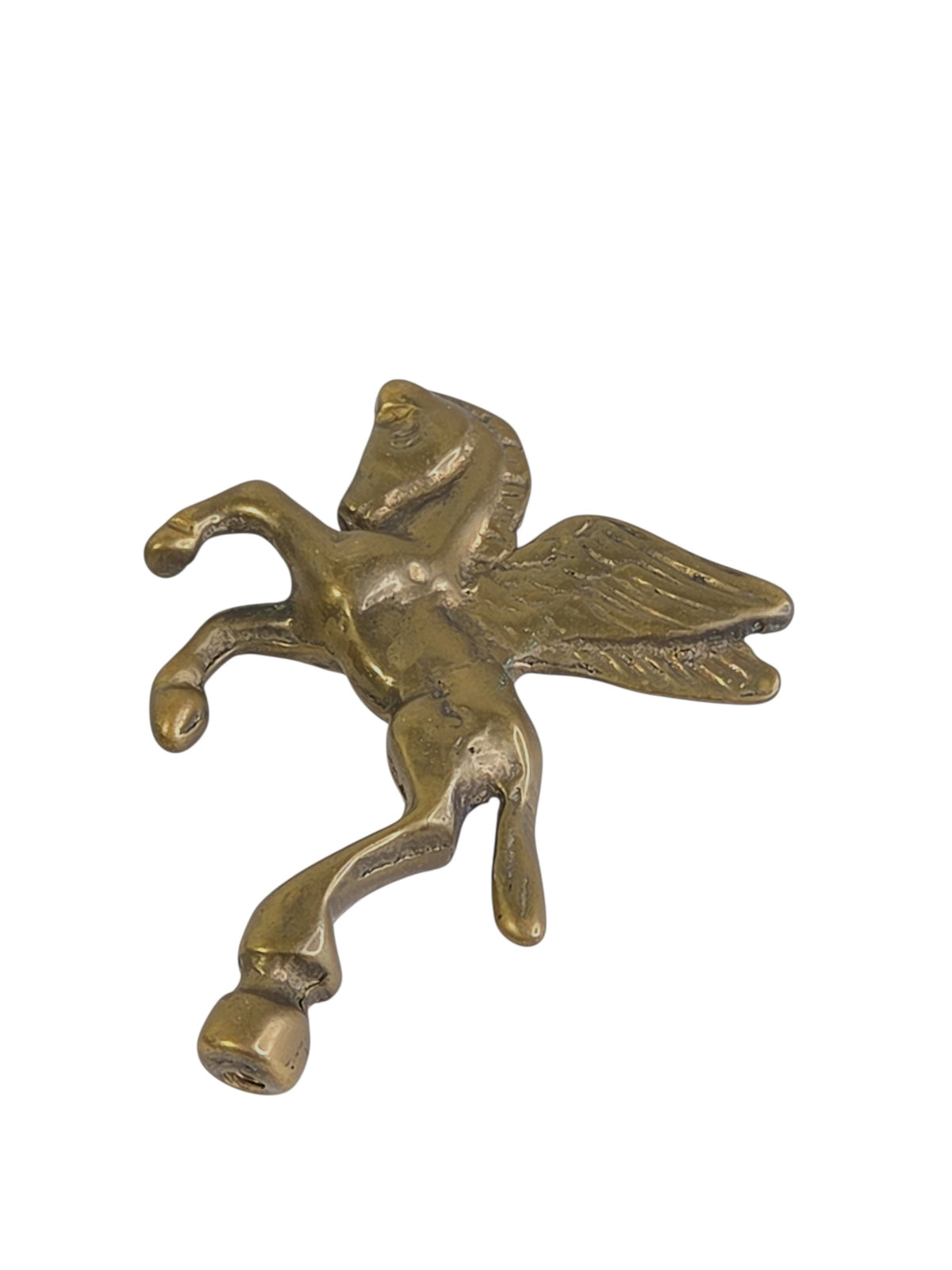 Brass Pegasus finial laid at an angle, showing the threaded hole in the bottom of the hoof