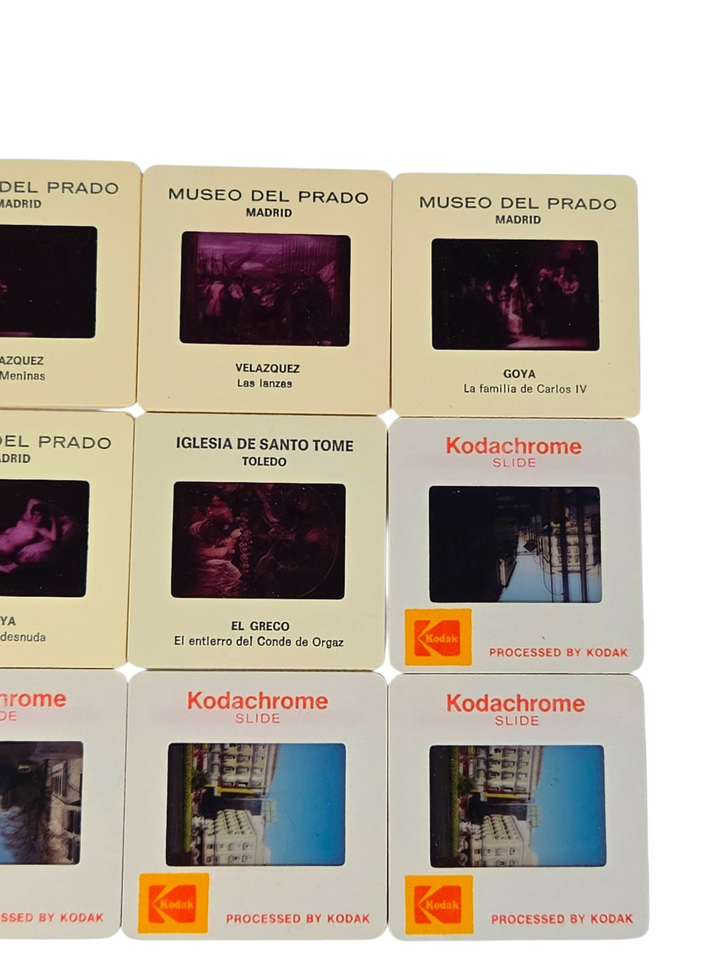 Close-up of Prado slides of Velazquez's Las lanzas and Goya's Family of Carlos IV, El Greco's Burial of the Count of Orgaz from Santo Tome Toledo, and Kodachrome street scene slides