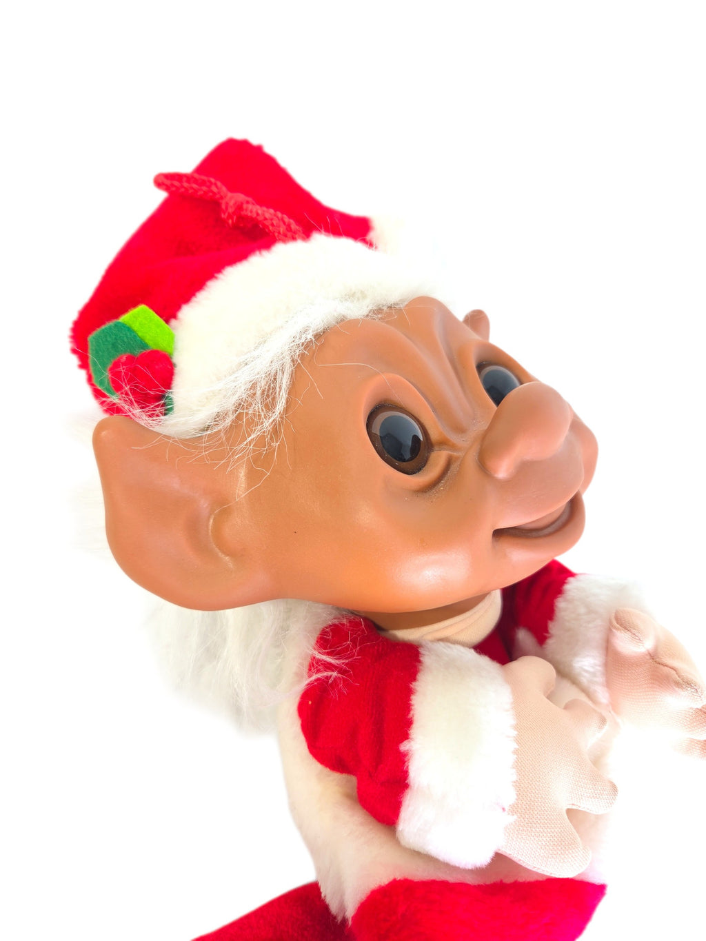 Vintage Smithy troll Santa Christmas stocking with red plush body and white cuff