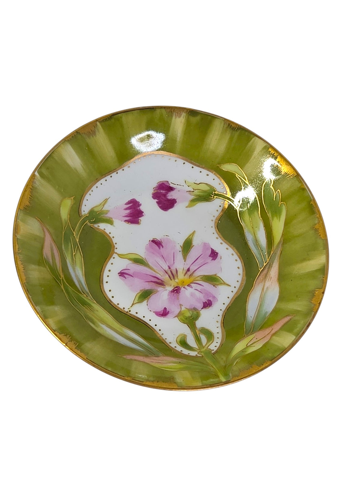 Top view of the hand painted Jugendstil dish with swooping green leaves and gold dot border