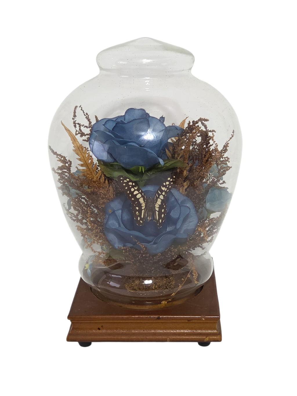 Glass cloche turned to show the brown and cream spotted butterfly with wings open between two blue silk roses