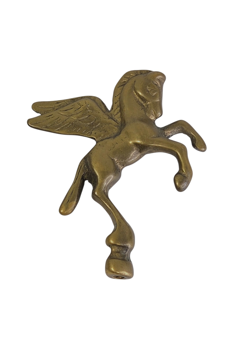 Brass Pegasus finial facing right with darker antique patina, the threaded hole visible in the hoof