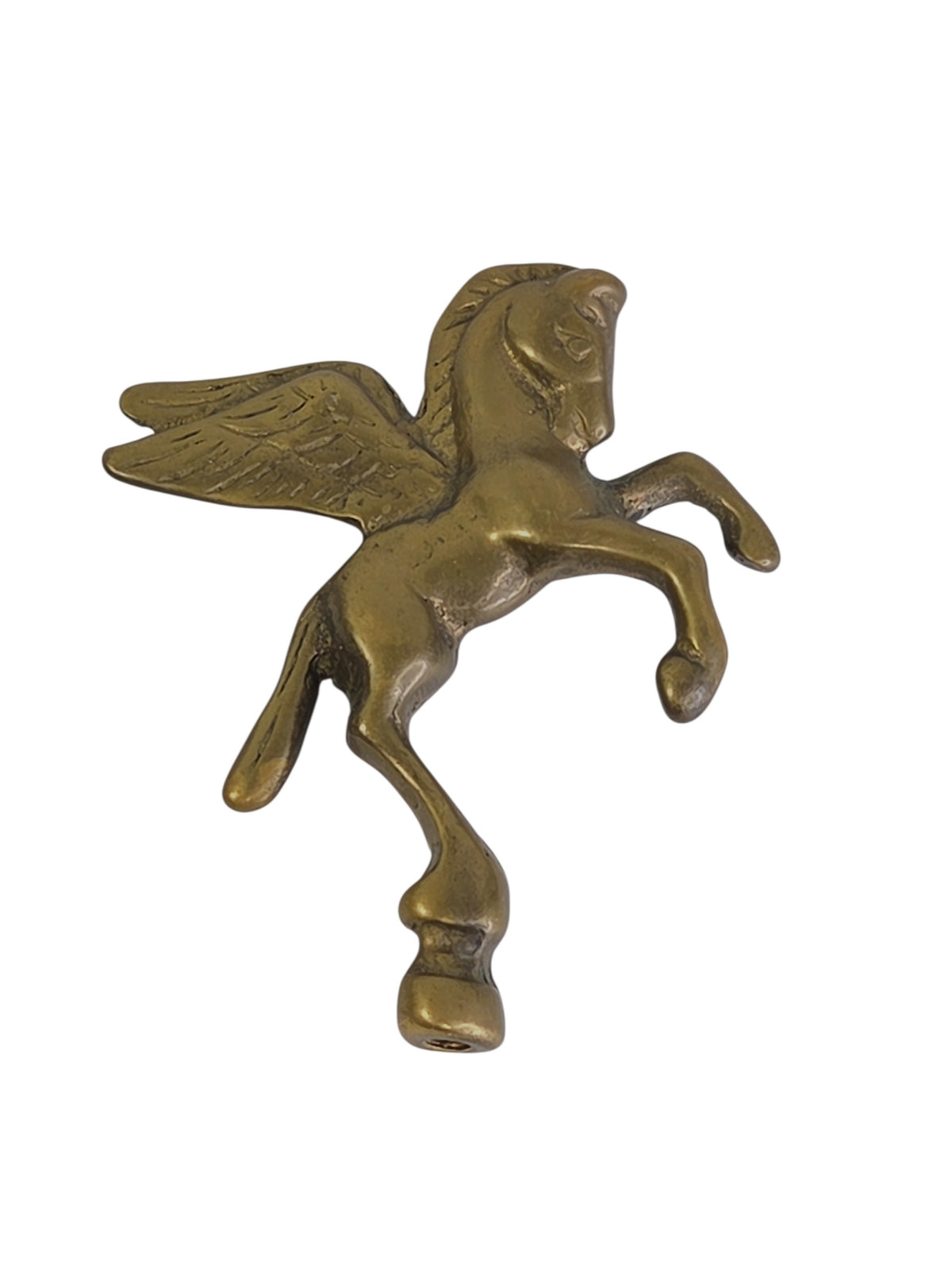 Brass Pegasus finial facing right with darker antique patina, the threaded hole visible in the hoof