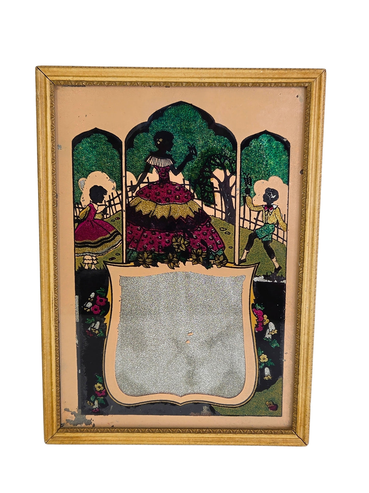 Front of the tinsel art silhouette picture showing the sparkling pink, green and gold foil colors